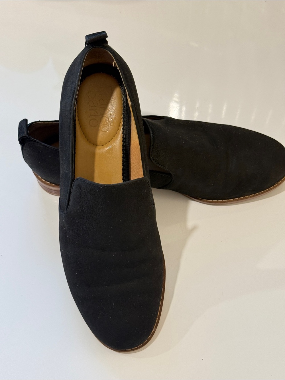 Franco Sarto Black Slip-On Loafers with Tan Insole Accents